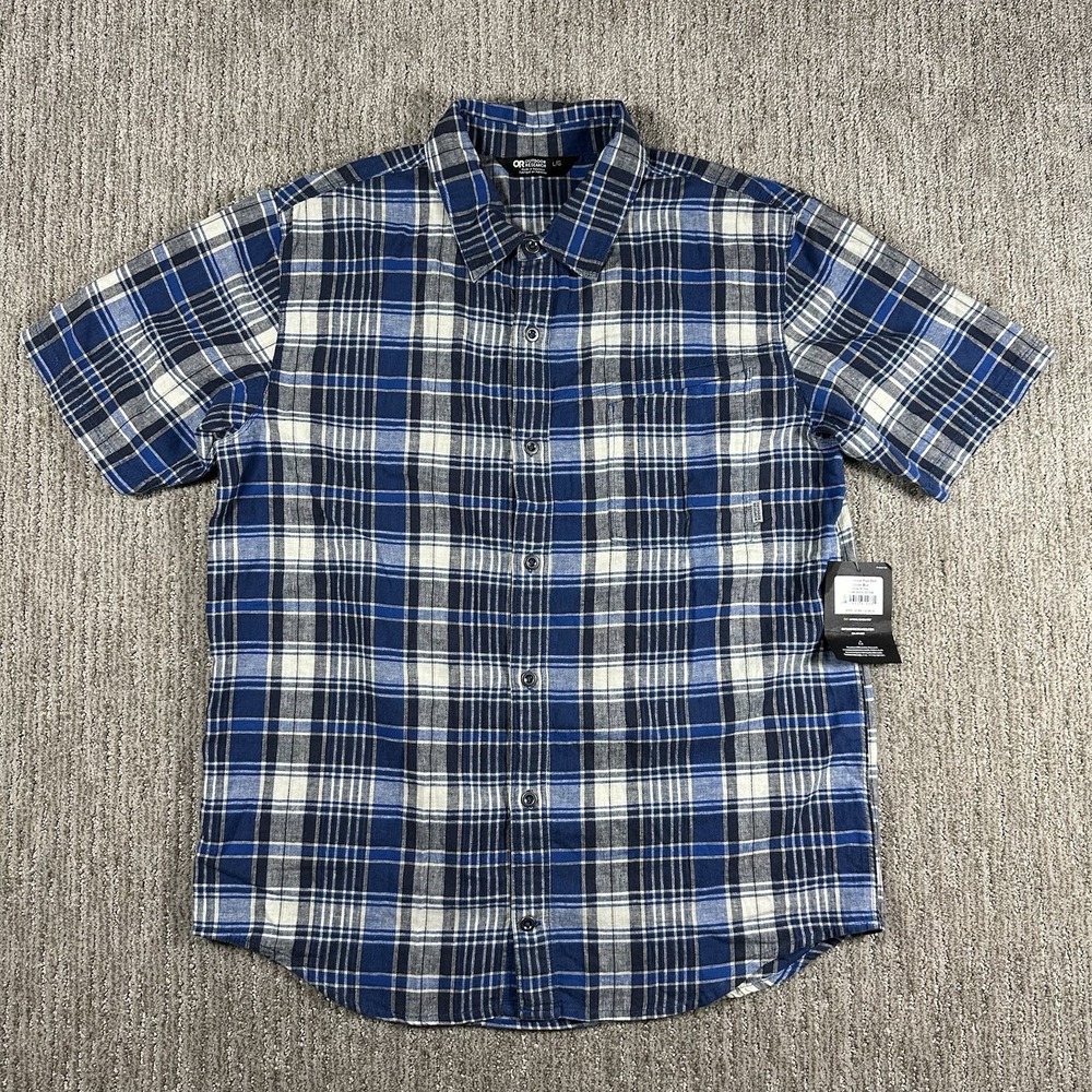 Outdoor Research Men's Weisse S/S Shirt Large Blue Plaid Organic Cotton NWT